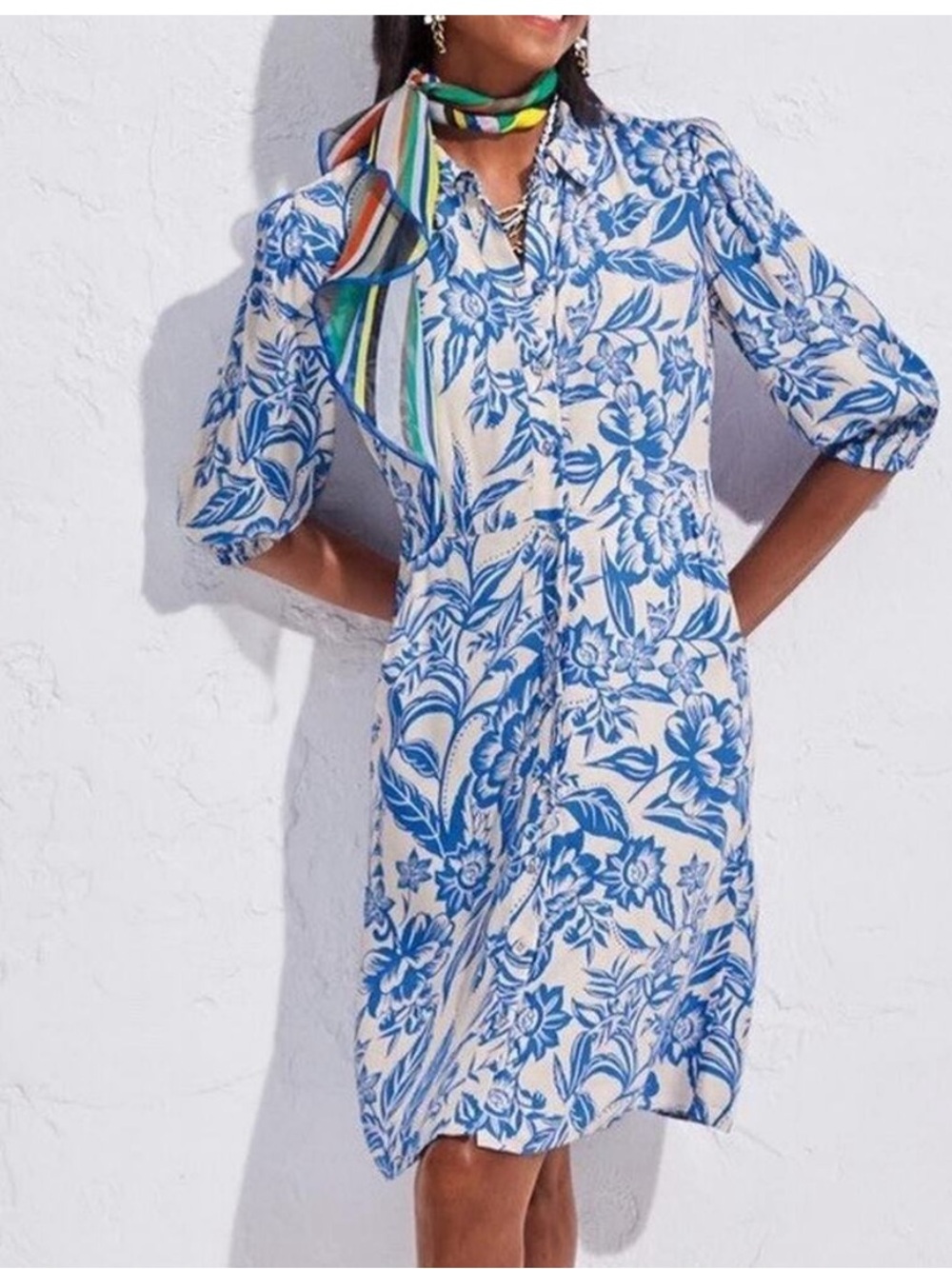 CABI Athena 6149 Blue Cream Floral Button Down Shirt Dress Duster Resort XS